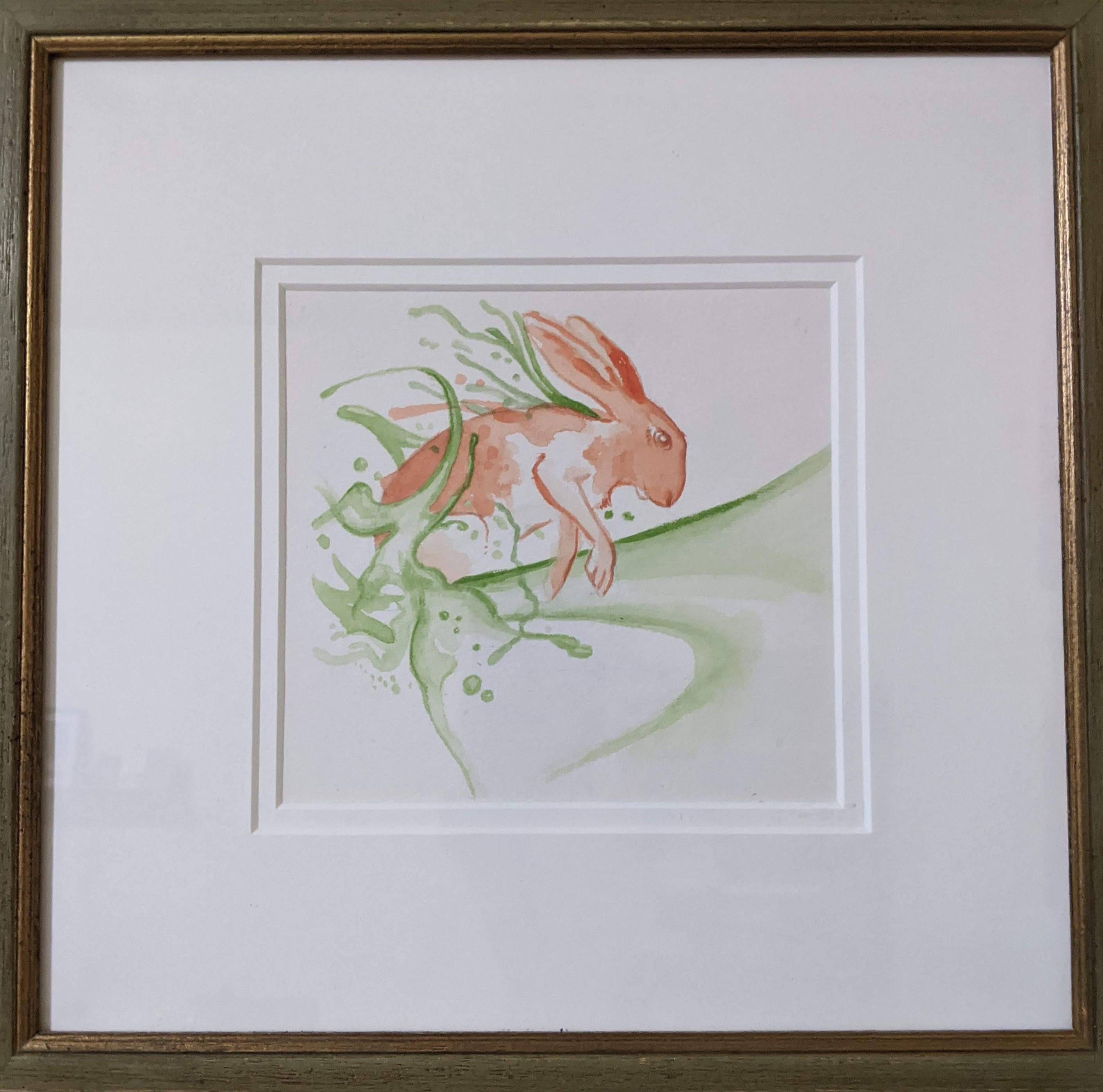 A painted depiction of an orange rabbit running through a green wave of water.
